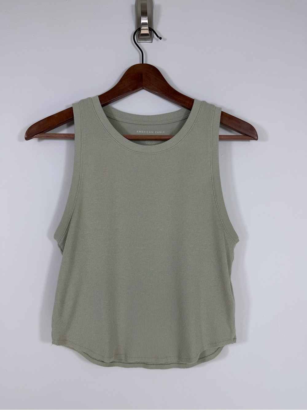 American Eagle Women’s L Sage Green Ribbed Cropped Tank Top Soft Stretch